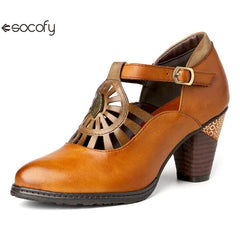 Socofy Retro Genuine Leather Buckle Strap Toe Square Heels