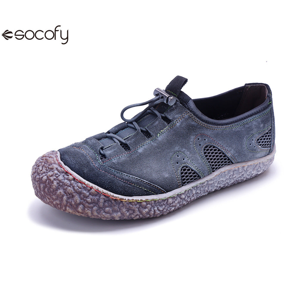 Socofy Vicconfy Genuine Leather Vintage Scuffed Comfort Breathable Mesh Loafers