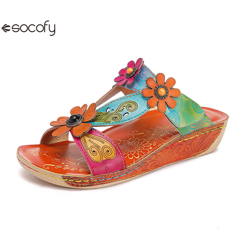 Socofy Vicconfy Loose Round Toe Handmade Cubic Flower Ethnic Flat Sandals