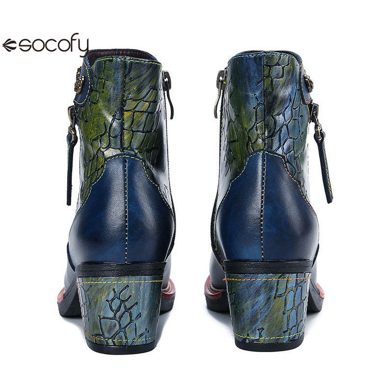 Socofy Vicconfy Women's Martin Boots Leather Patchwork Ethnic Vintage Short Boots