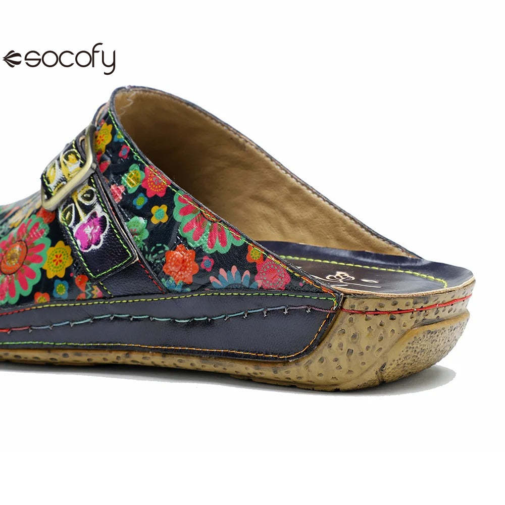 Socofy Spring Summer Genuine Leather Outside Slippers Hand-painted Retro Comfort Flat Sandals