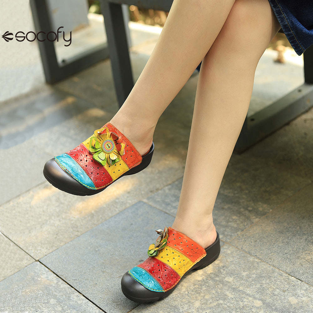 Socofy genuine leather handmade hollow three-dimensional flower comfortable flat slippers