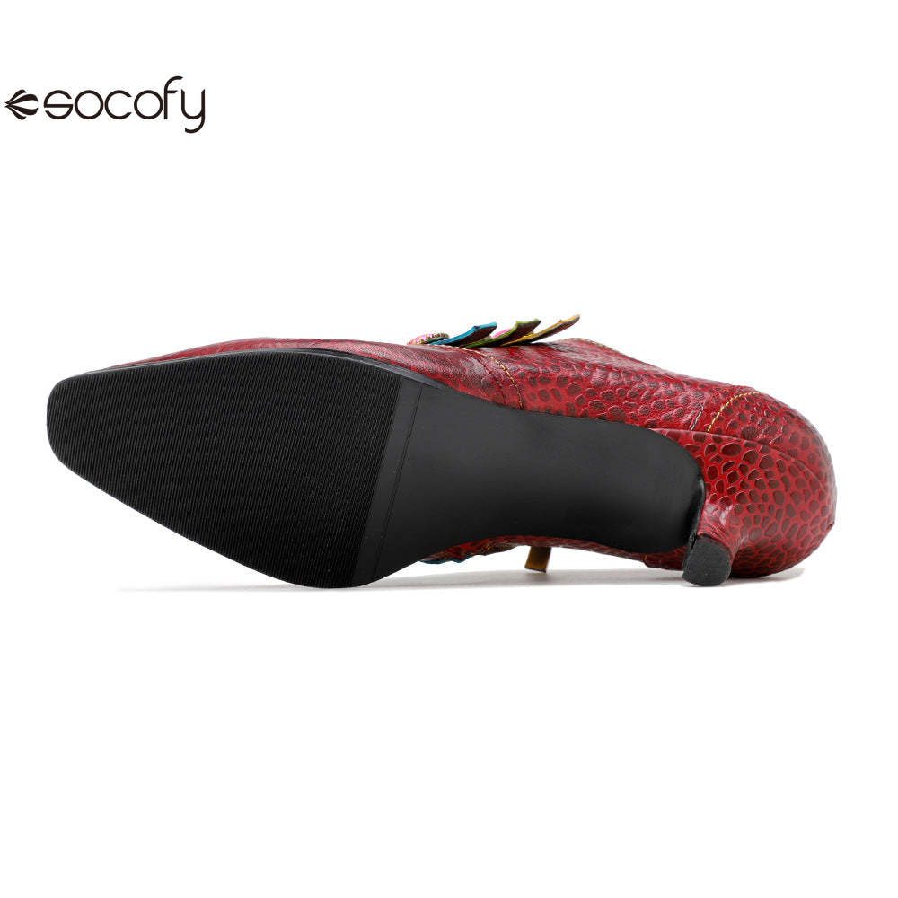 Socofy Red Leather Vintage Buckle High Heels Women's Shoes