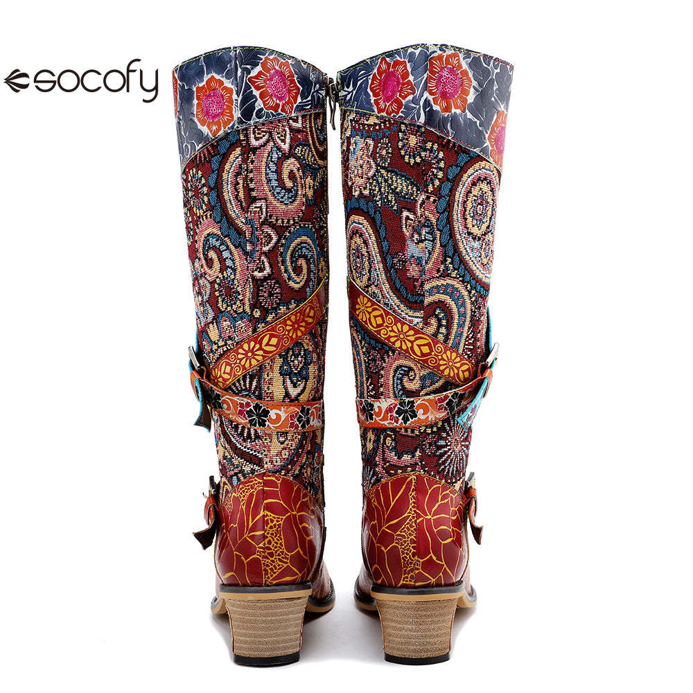 Socofy Leather Vintage Print Chunky Heel Knee Women's Boots