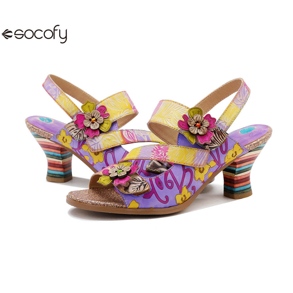 Socofy new summer style genuine leather retro three-dimensional flower rainbow and wine glass sandals for women