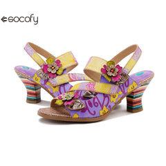 Socofy new summer style genuine leather retro three-dimensional flower rainbow and wine glass sandals for women