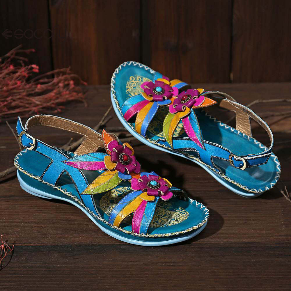 Socofy Summer flower decorated ethnic style women's sandals