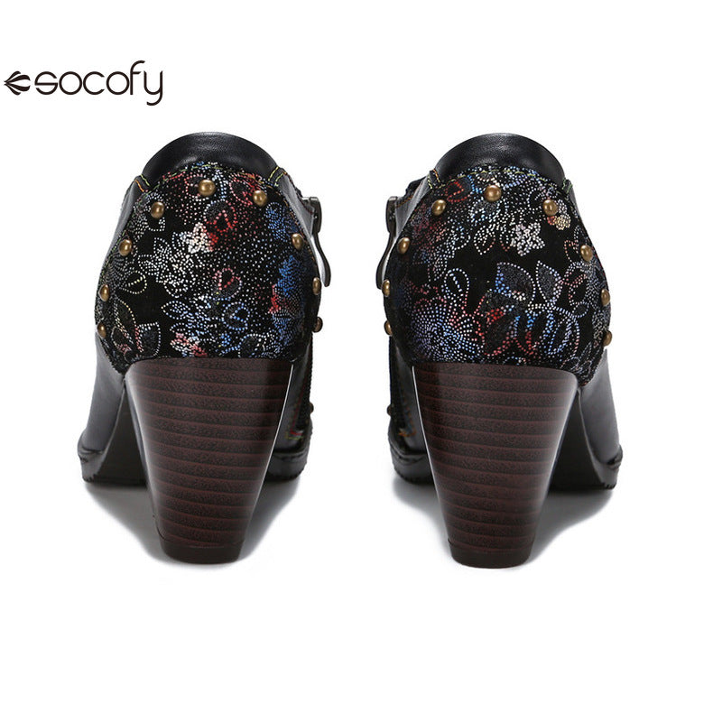 Socofy Vicconfy Round Toe Leather Fashion Side Zipper Heels Single Shoes Women's Shoes