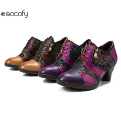 Socofy Vicconfy Genuine leather high heeled three-dimensional flowers drawstring pumps