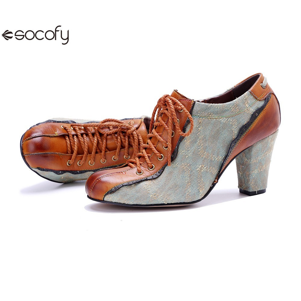 Socofy Genuine Leather Retro Fashion Lace Up Heels pumps