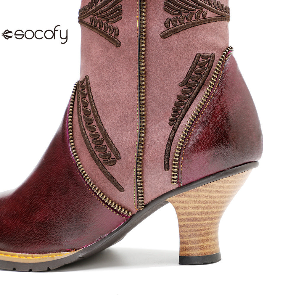 Socofy Vicconfy Leather Electric Embroidered Zipper Ankle Boots