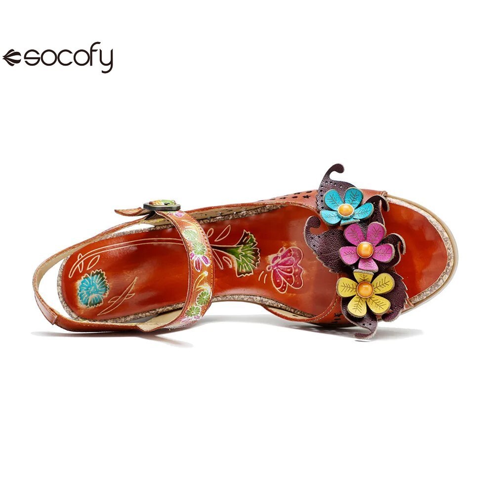 Socofy Summer New Genuine Leather Hand-painted Retro Hollow-out Flower High Heeled Sandals