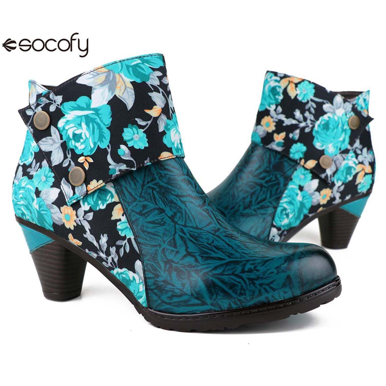 Socofy Autumn ethnic style cowhide thickened mid-calf round toe fashion boots for women