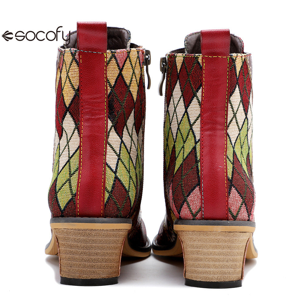 Socofy Vicconfy Genuine Leather Lace Up Cowboy Jacquard Colorblocking Ankle Boots