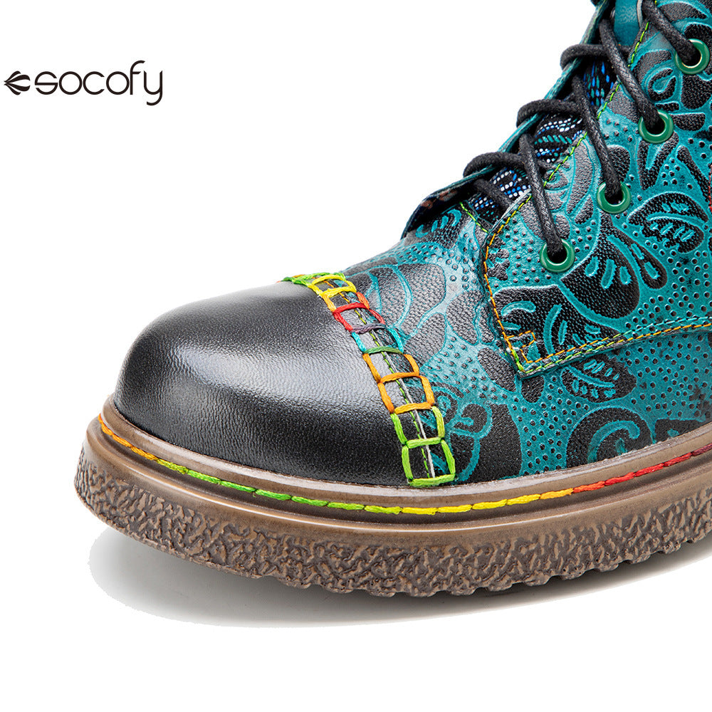 Socofy Vicconfy Genuine Leather Handmade Printed Comfortable Flat Boots