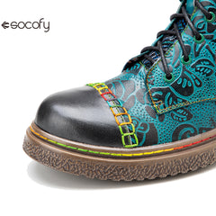 Socofy Vicconfy Genuine Leather Handmade Printed Comfortable Flat Boots