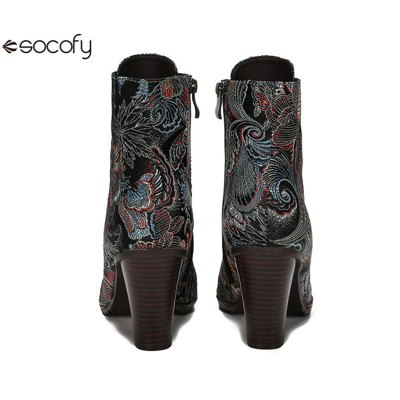 Socofy Vicconfy Cowhide Non-Slip Vintage Embroidered Heel Ankle Boots