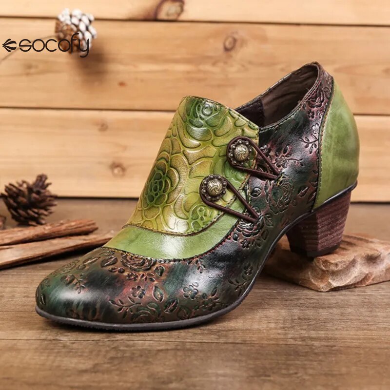 SOCOFY Genuine Leather Ethnic Style Pumps