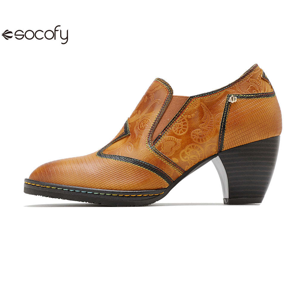 Socofy genuine leather retro style women's thick heel high heels