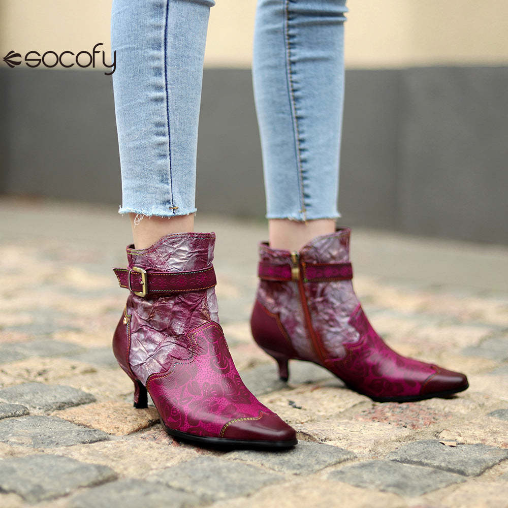 Socofy Leather Printed Patchwork Belt Buckle Slim Heel Women's Boots