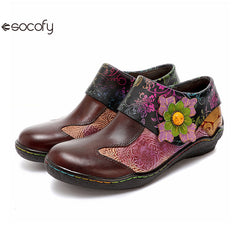 Socofy Vicconfy Ethnic Flower Leather Handmade Flat Shoes Low Heeled Single Shoes