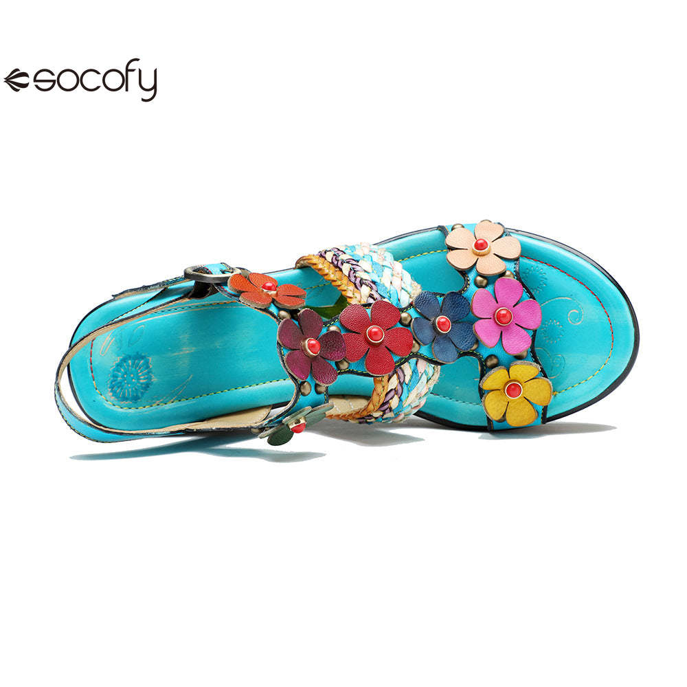 Socofy summer genuine leather bohemian style comfortable wedge sandals for women