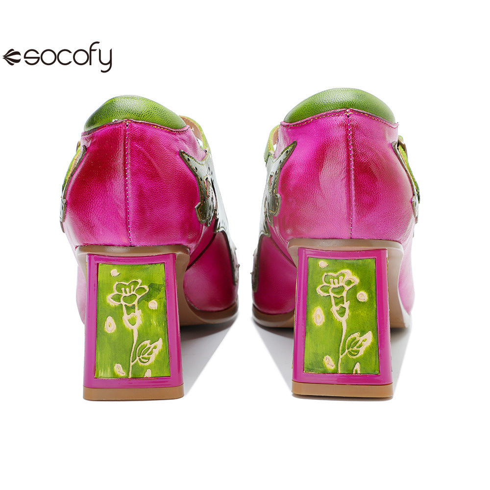 Socofy Handmade Leather Vintage Mary Jane Heels