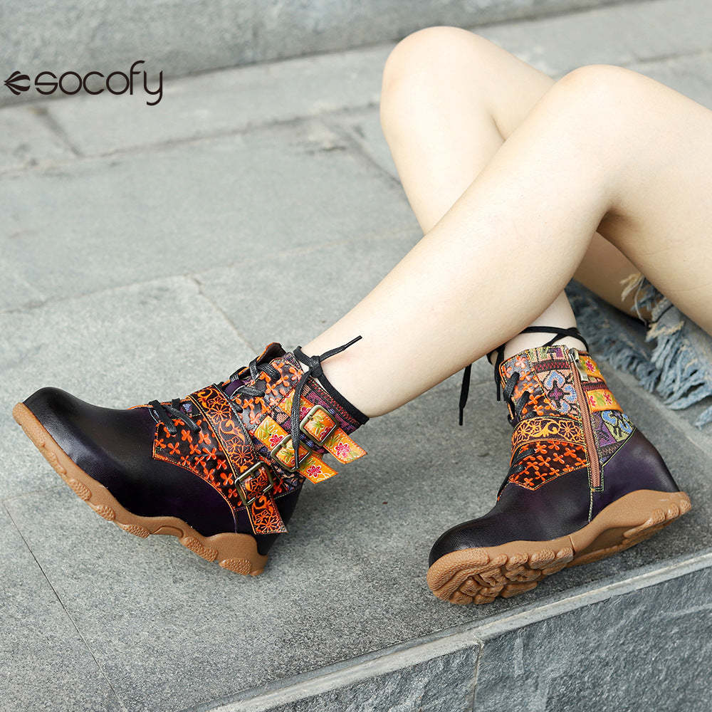 Socofy Vicconfy Leather Handmade Color Rubbed Printed Belt Buckle Flat Women's Boots