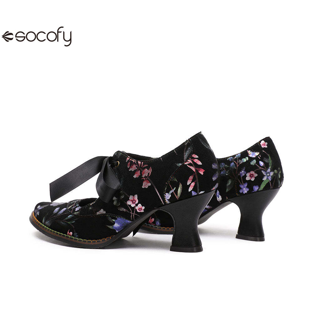 Socofy Flower Antique Style High Heel Round Toe Women's Shoes