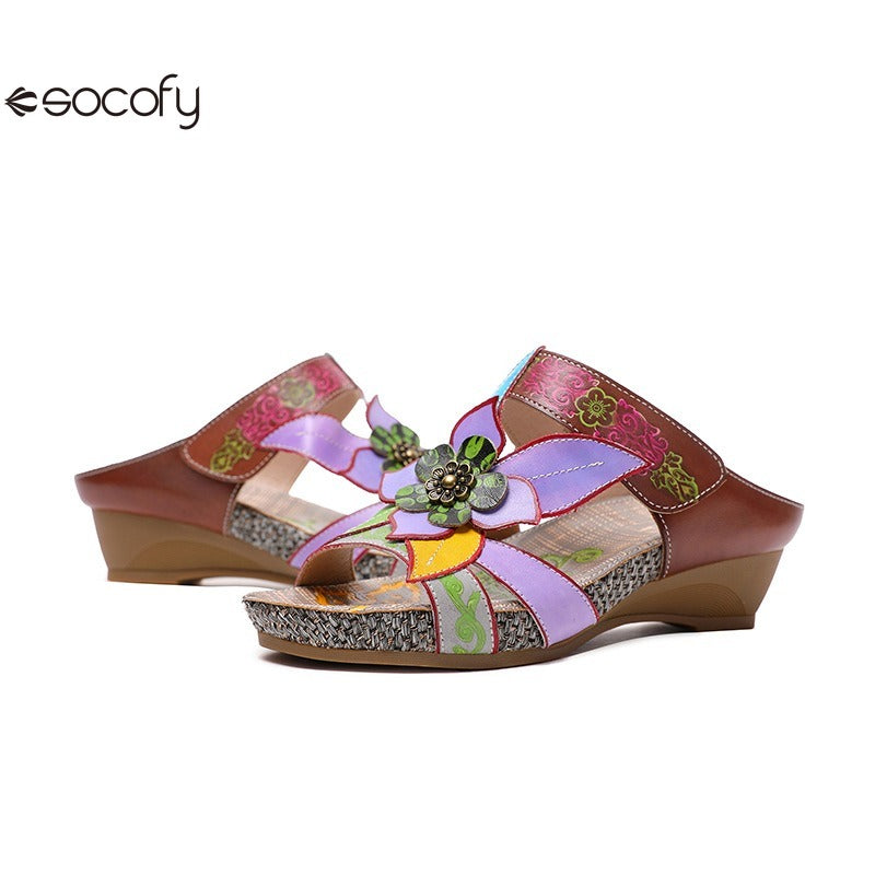 Socofy genuine genuine leather bohemian floral vintage sandals