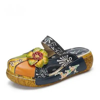 Socofy Flower Genuine Leathe Handmade Slides Flip Flop Women Slippers