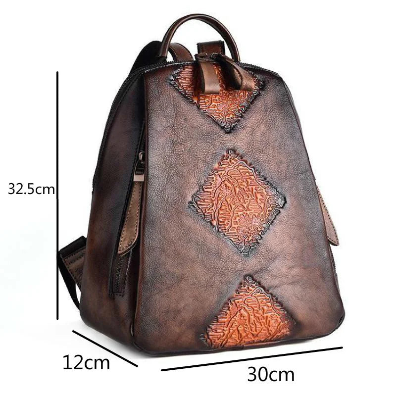 Socofy Handmade Retro Embossed Floral Backpack For Women Genuine Cowhide Leather Fashion Women Bag Solid Color Muti-function Backpacks