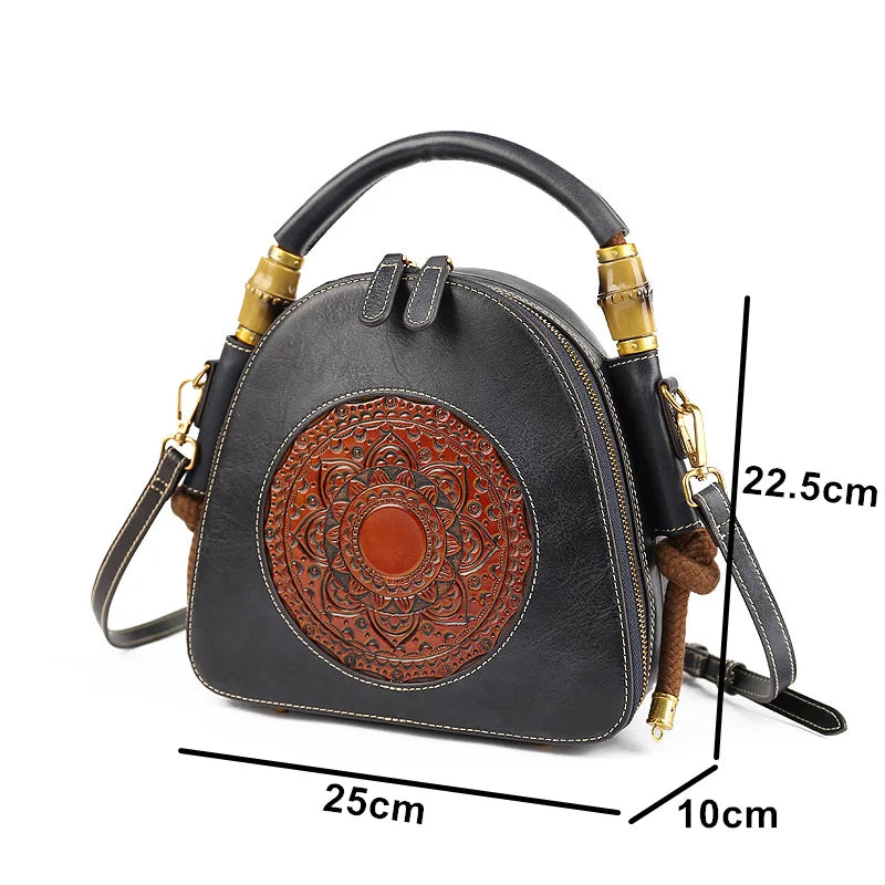 Socofy Luxury Genuine Leather Handmade Embossed Retro Women Messenger Shoulder Handbags