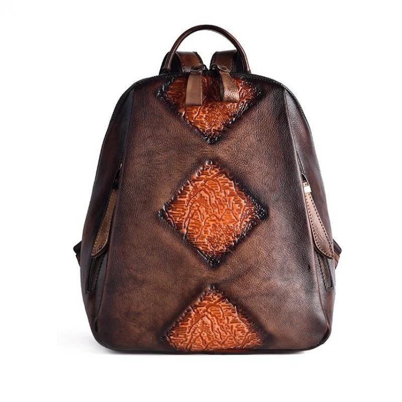 Socofy Handmade Retro Embossed Floral Backpack For Women Genuine Cowhide Leather Fashion Women Bag Solid Color Muti-function Backpacks