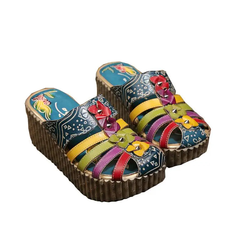 Socofy Genuine Leather National Style Hand-painted Outside Summer Flower Wedges Slides Slippers