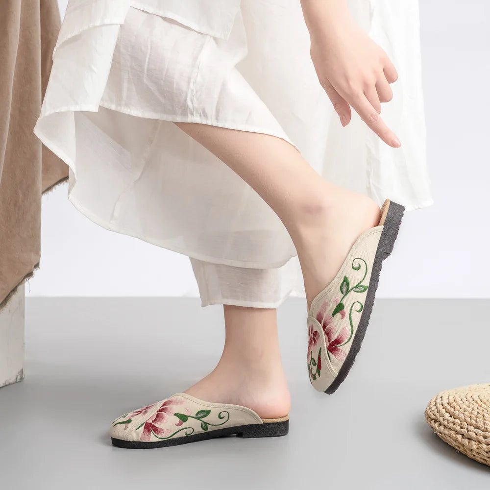 Socofy Spring Summer Outside Embroider Flat Slippers