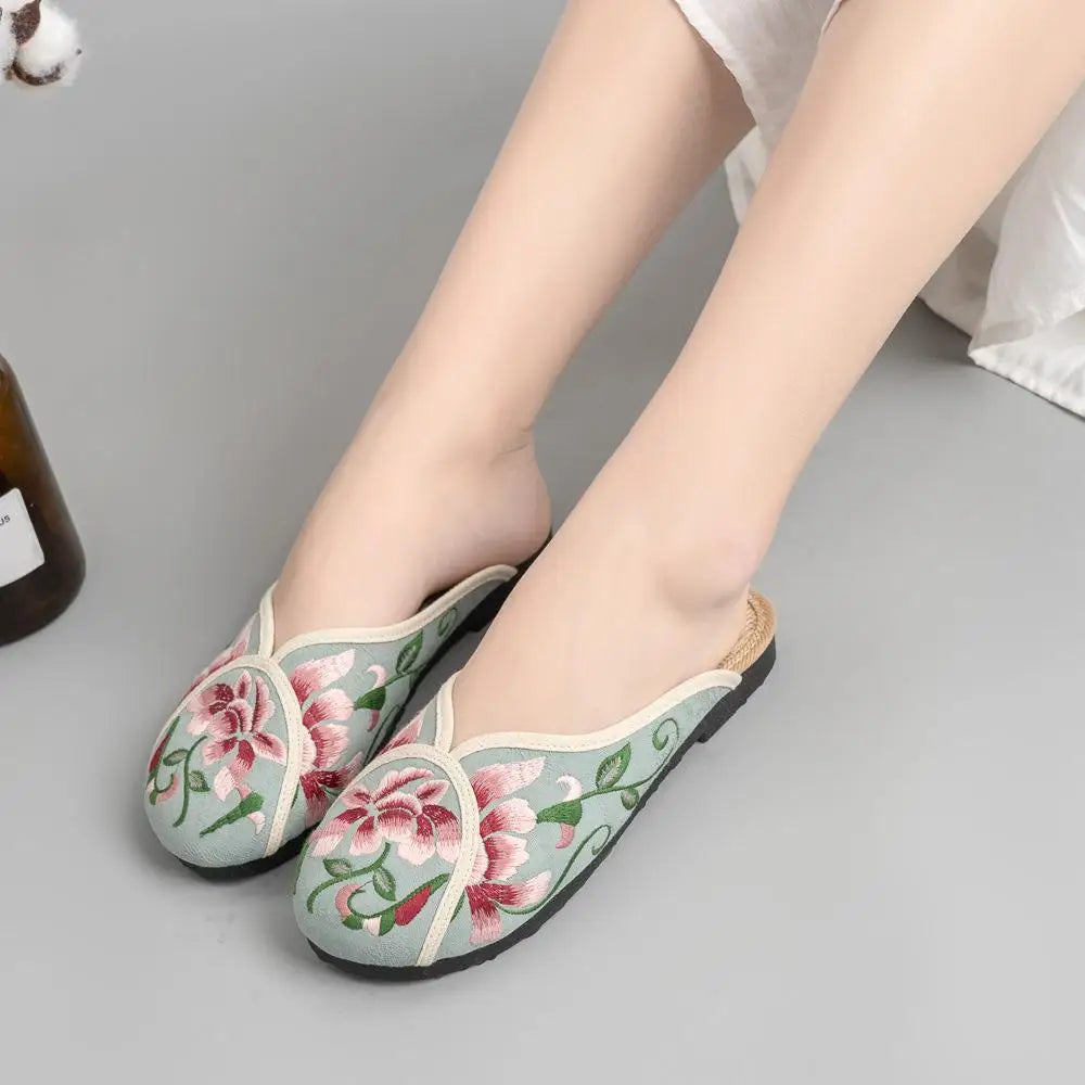 Socofy Spring Summer Outside Embroider Flat Slippers