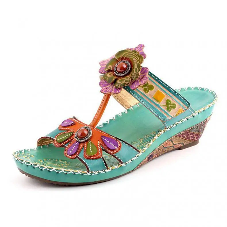 Socofy Spring Summer Hand-painted Genuine Leather Flower Wedges Slides Handmade Ladies Slippers